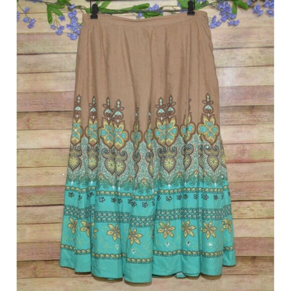 Coldwater Creek Boho Linen Blend Midi Skirt Size M Floral Sequin Art to Wear - Picture 3 of 11